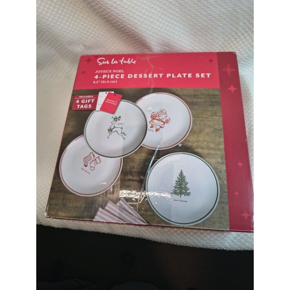 Sur La Table Joyeux Noel Christmas Dessert Plate Set 4 Santa Reindeer NIB